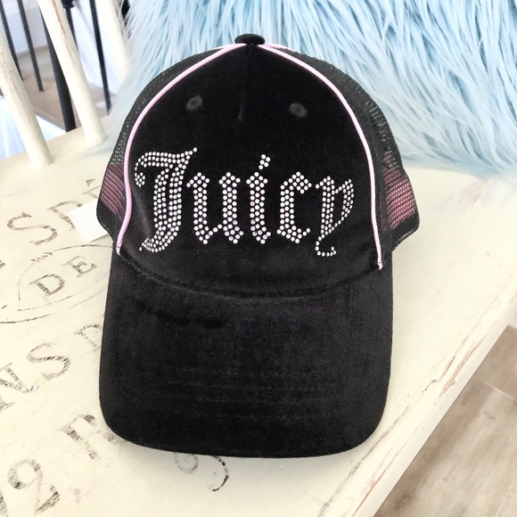 Juicy Couture Accessories - Juicy Couture, Rhinestone, Velvet, Bling, Trucker Hat, Cap, Pink, Black, NEW